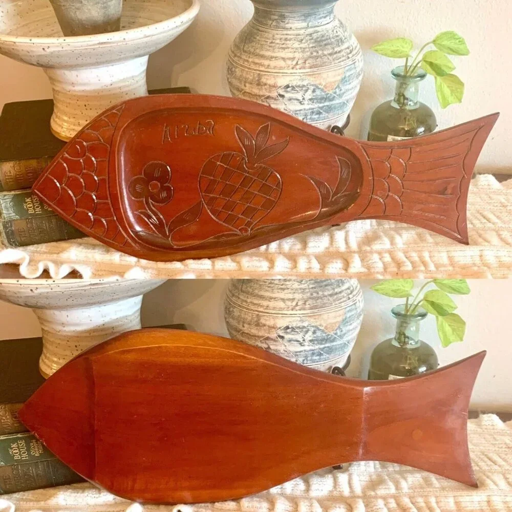 Hand Carved Fish Teak Wood Platter Tray Plate Fruit Pineapple Luau Party Tray